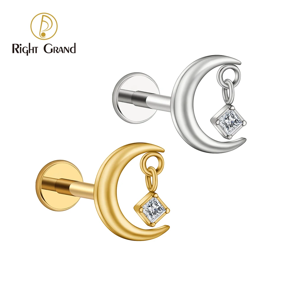 Right Grand ASTM F136 Titanium 16G CZ Moon Cartilage Earring Tiny Crescent Moon CZ Dangle Helix Tragus Conch Stud Ear Piercing