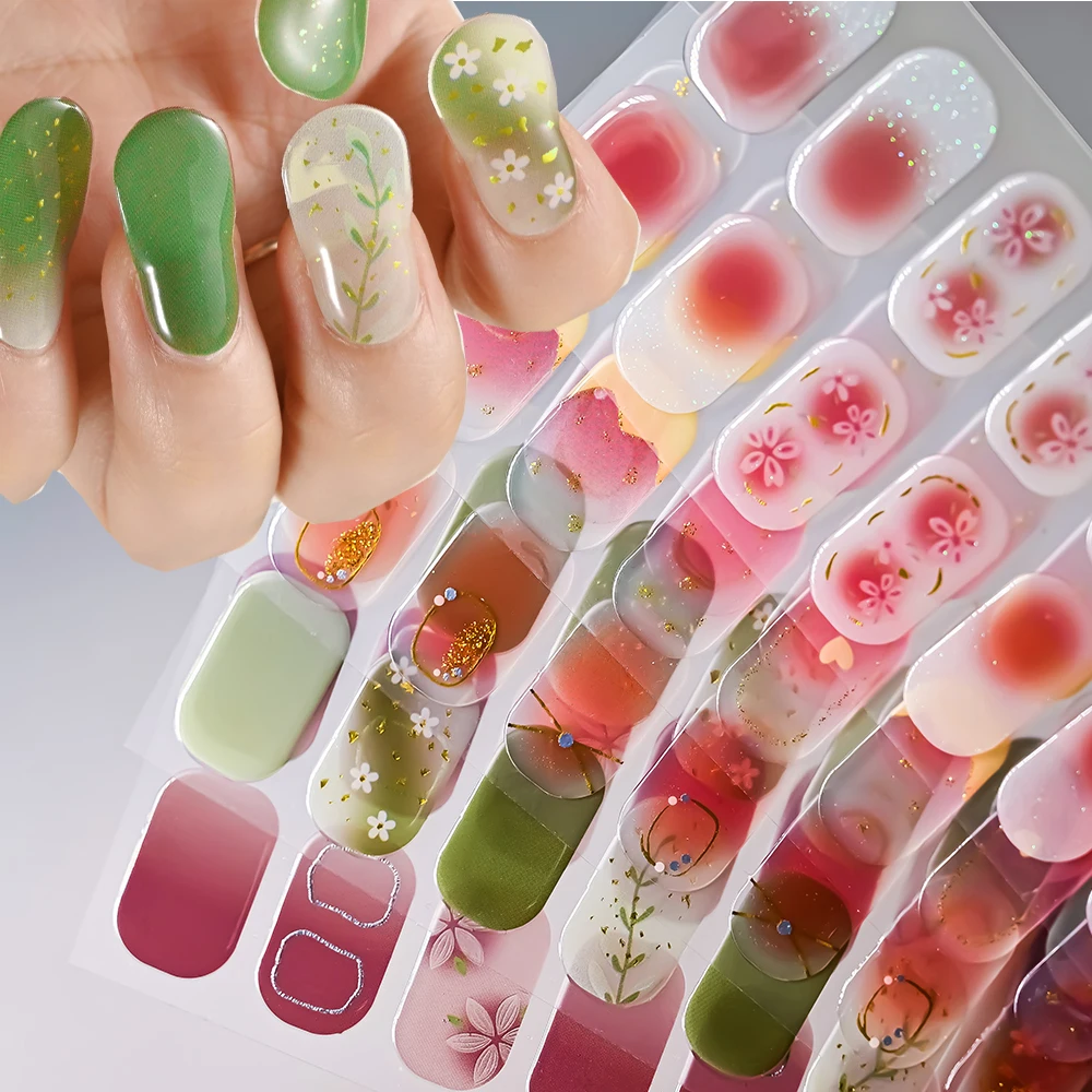 Pegatinas de uñas de Gel semicurado, tiras de uñas de larga duración, Parche de flores, deslizador de hojas, cubierta completa, lámpara UV, calcomanía curada, envolturas de uñas, 22 puntas