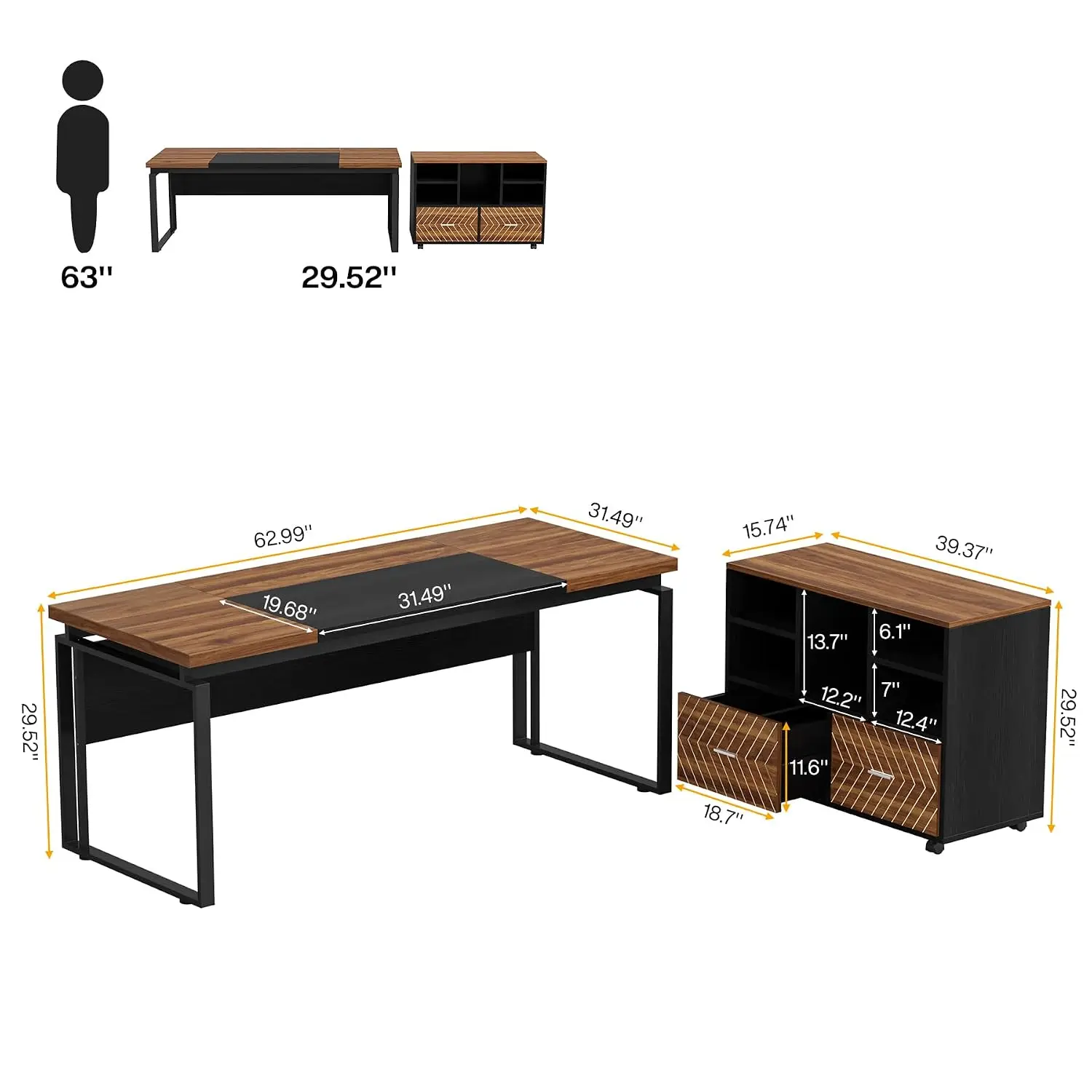 L-Shaped Office Desk with File Cabinet & Drawers, 63