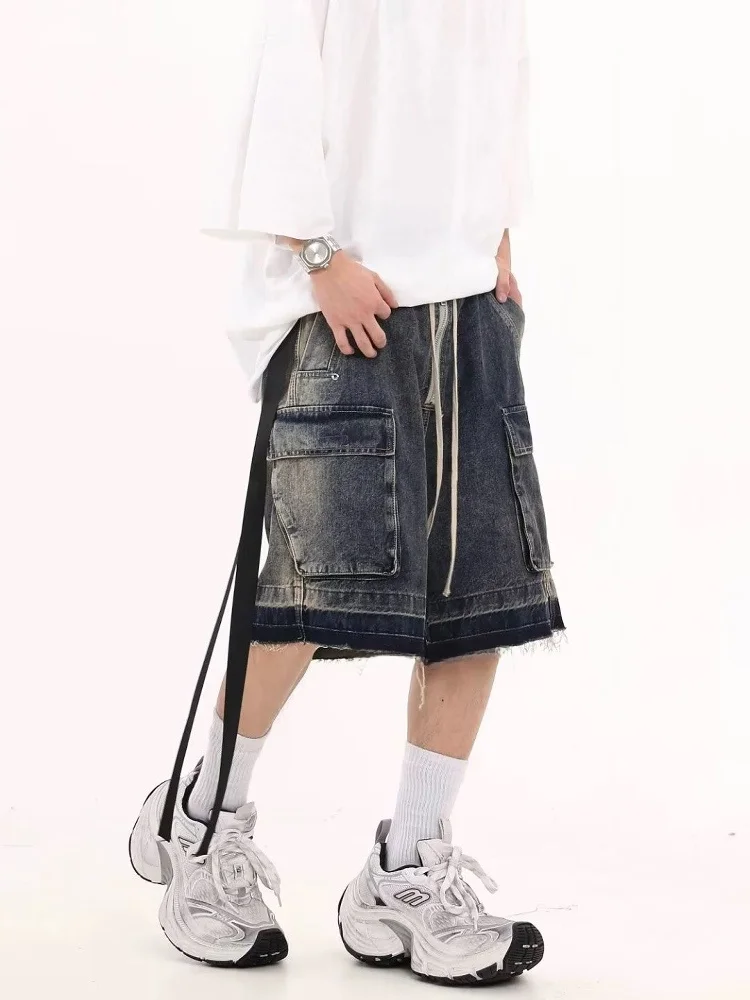 

Waed American High Street Men's Loose Wide Leg Cargo orts Summer Casual Jeans mid Waist Five-ket Straight Tube Pants