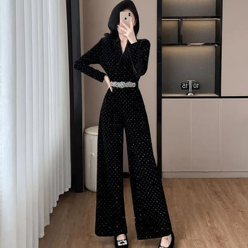 

New Fashion Autumn Women's Jumpsuit High End Elegant Slim Long Sleeve V-Neck Luxury Diamond Belt Party Jumpsuits Office Lady