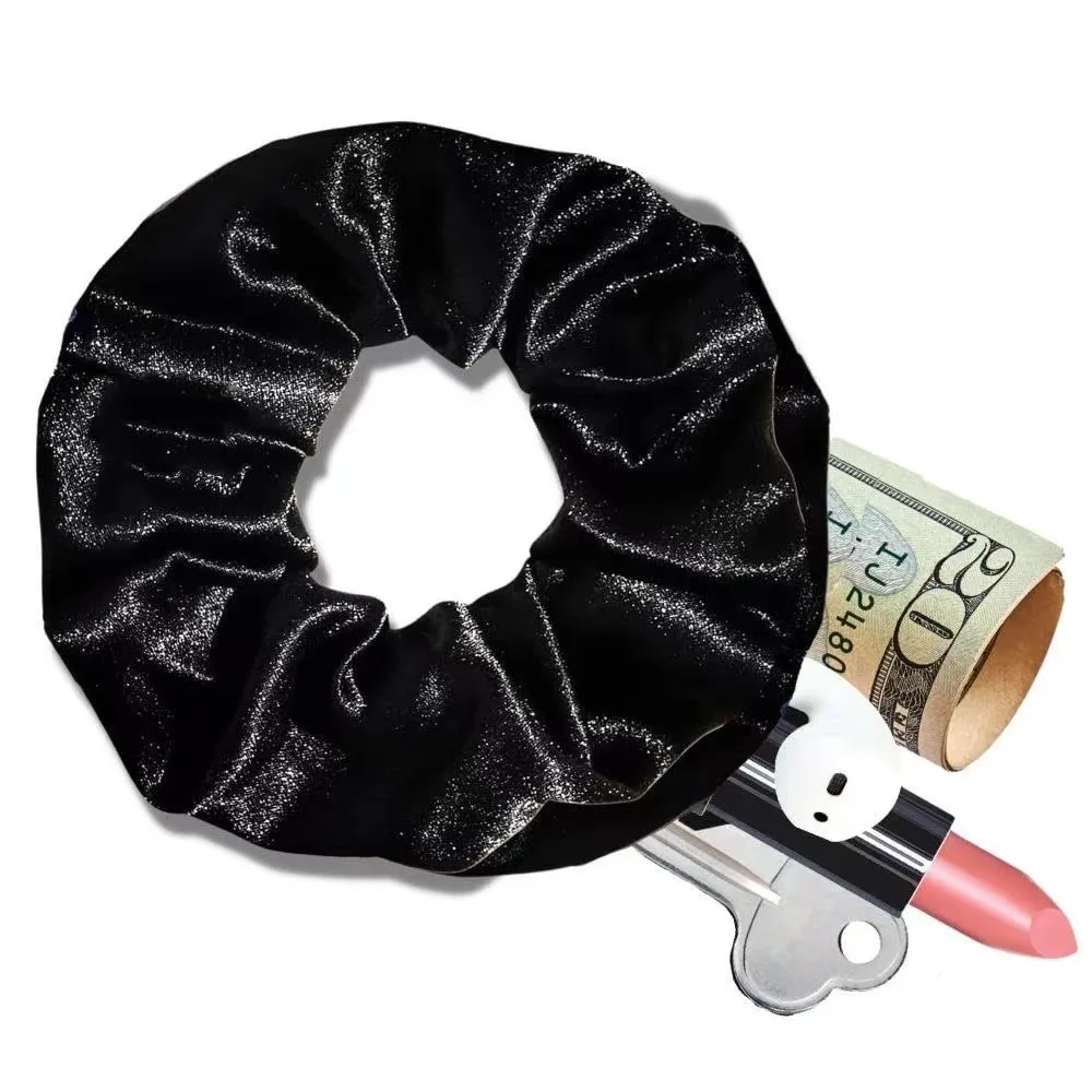 Velvet Zipper Pocket Hair Scrunchie Hidden Storage Elastic Hair Band for Keys Cash Women Gym Sport Hair Accessories Braiders