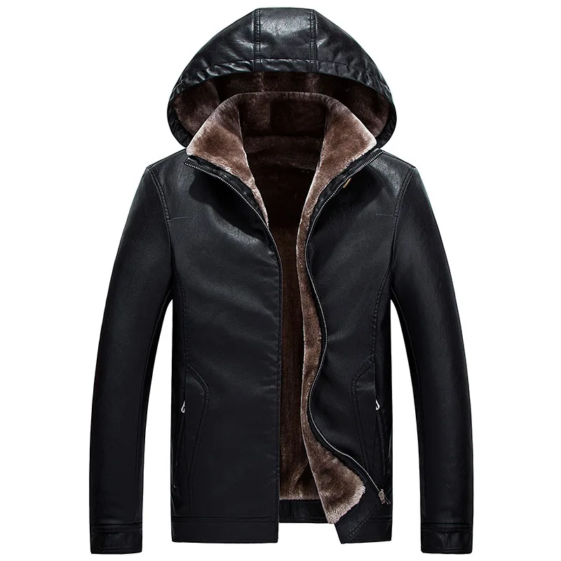 2024 Winter New Hairy Men's Clothing Hooded Thickened Fleece PU Leather Jacket Men's Jacket