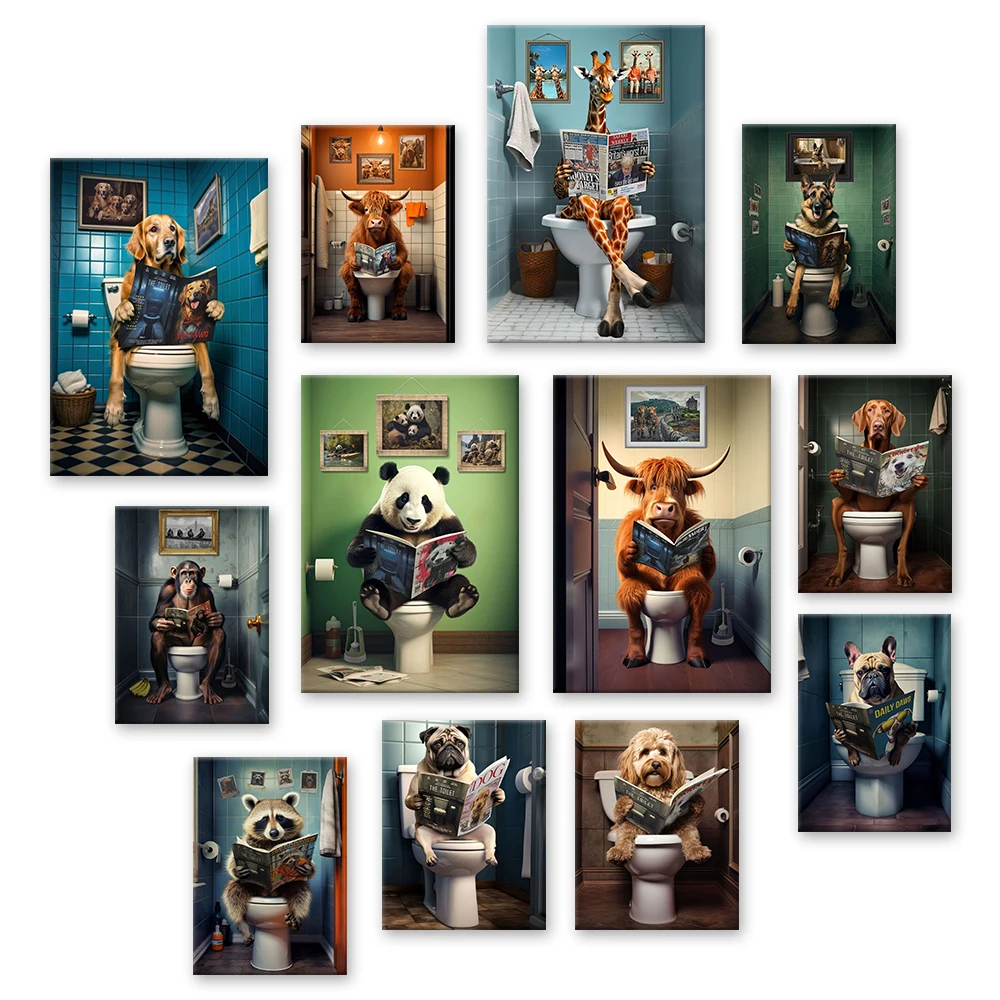 

Highland Cow Monkey Sitting on The Toilet Reading Newspaper Funny Print Poster Canvas Painting Toilet Bathroom Decor Wall Pictur