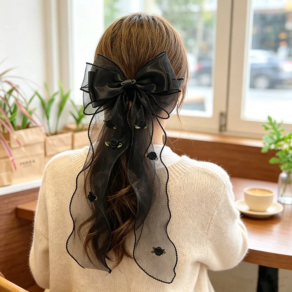 Elegant Mesh Tulle Big Bow Hairpin with Small Rose Embroidery Long Floating Ribbon Hair Clip for Girls Daily Photograph Styling