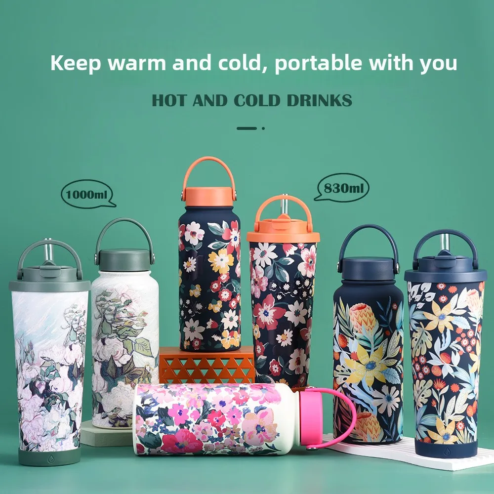 

1000ML 2025 New Cross-border Large-capacity Thermos Cup Wide-mouth Portable Outdoor Sports Kettle Double-drink Printed Water Cup