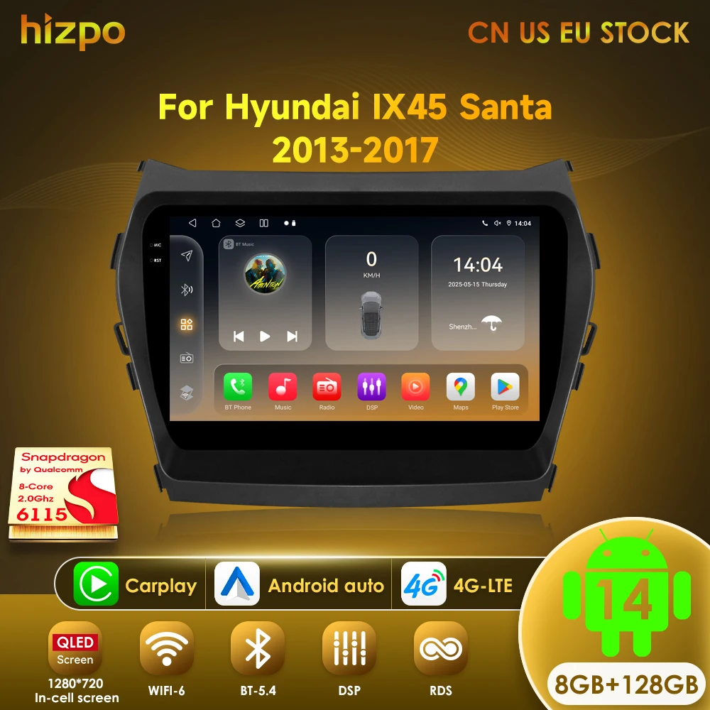 Hizpo Carplay Android 14 For Hyundai IX45 Santa Fe 2013-2017 Car Radio Multimedia Player Video GPS QLED Screen Navigation 4G BT