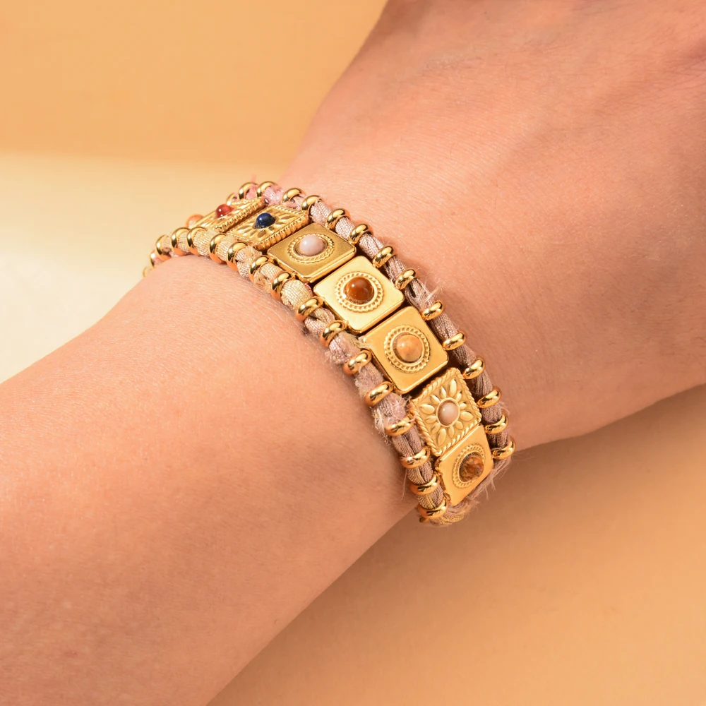 Boho Seide Goldfarben Steinperlen Armband Böhmischer Mujer Pulseras Moda Damen Armband Schmuck Handgefertigtes Geflochtenes Armband Großhandel – Detail 4