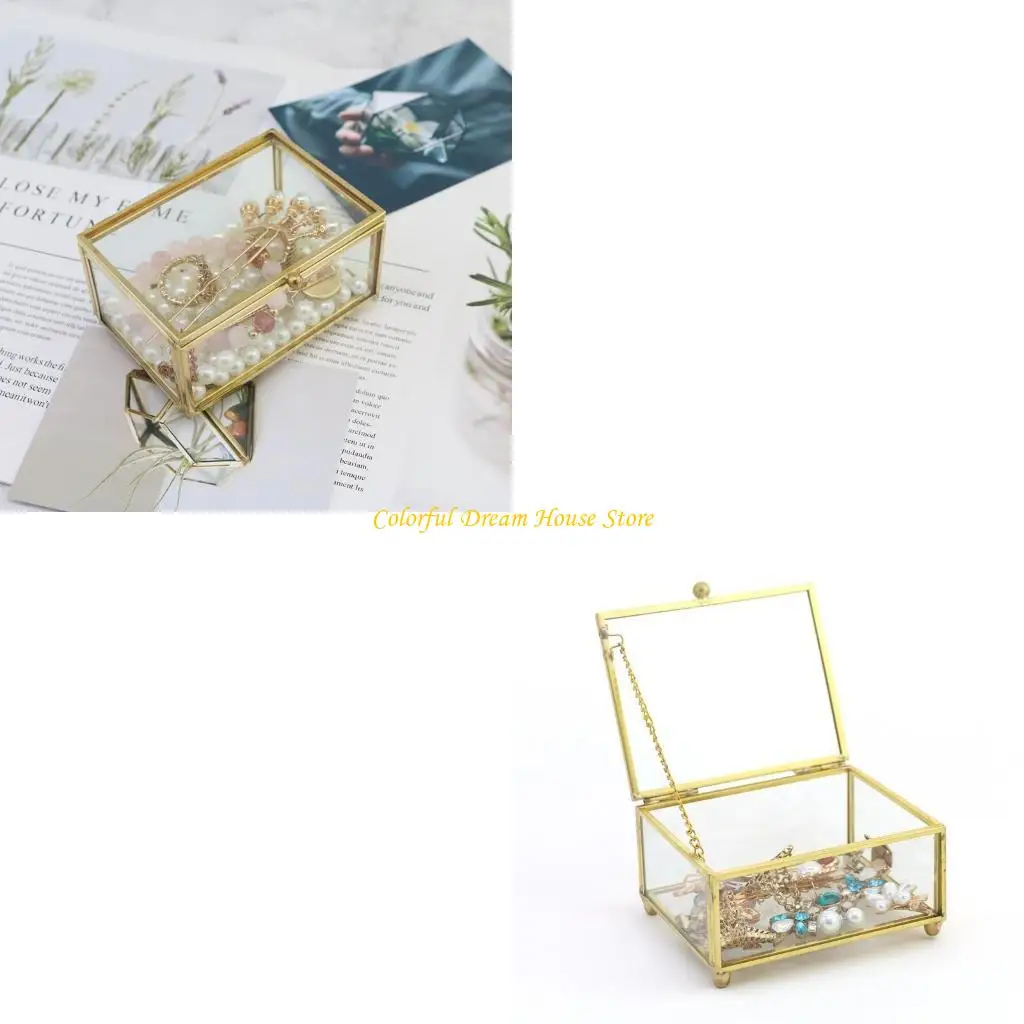 Clear Glass Rectangular Metal Jewelry Box Decorative Slanted Top Lid Box