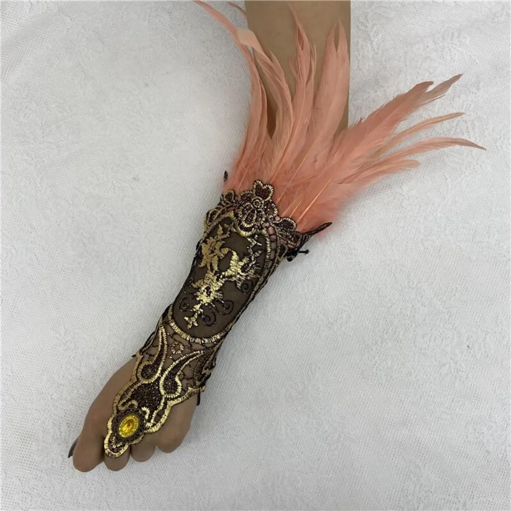 

Costume Witch Halloween Feather Gloves Retro Gothic Women Feather Lace Glove Halloween Embroidery Halloween Wristband Festival