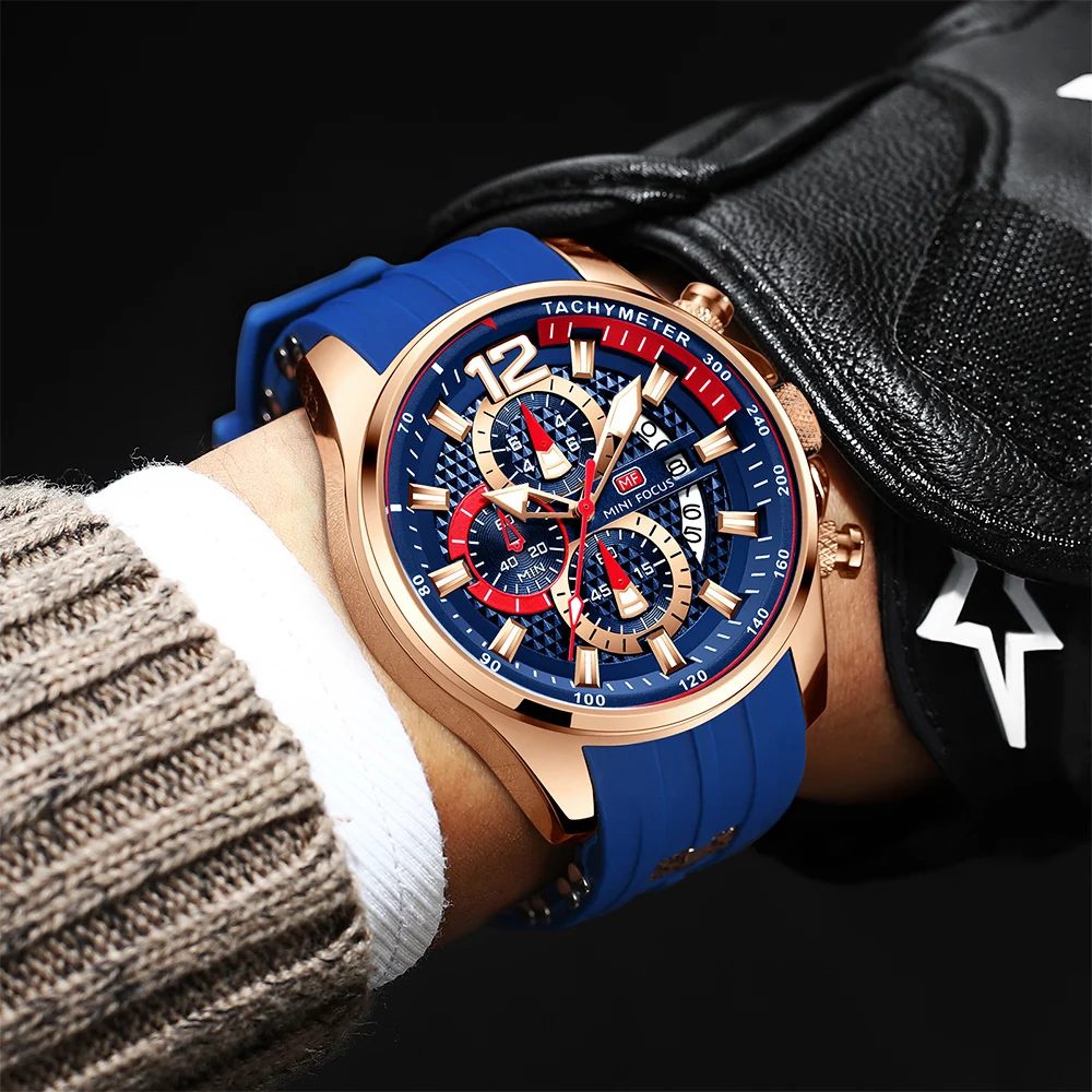 MINI FOCUS Fashion Creative Design Watches Men Quartz Silicone Strap Date Wristwatches for Male Clock with Luminous Hands