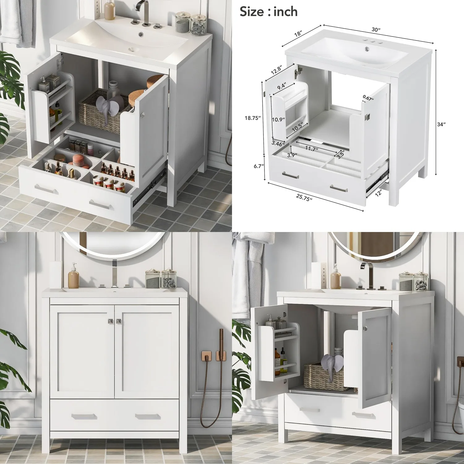 

30in White Bathroom Vanity Sink Combo Storage Cabinet Floor Standing, Customized