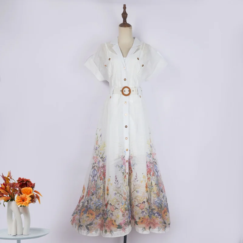 

Real Shot Design Sense Positioning Print Single-Breasted Elegant Shirt A-Line Pocket Dress with Belt + Strap