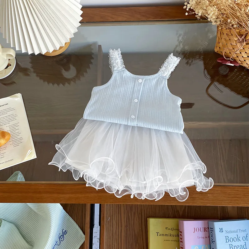 Summer Girls' Skirt Set Blue Lace Button Knitted Top+White Mesh Half Skirts 2Pieces Outfit 2026 New Children Clothes ﻿ 3