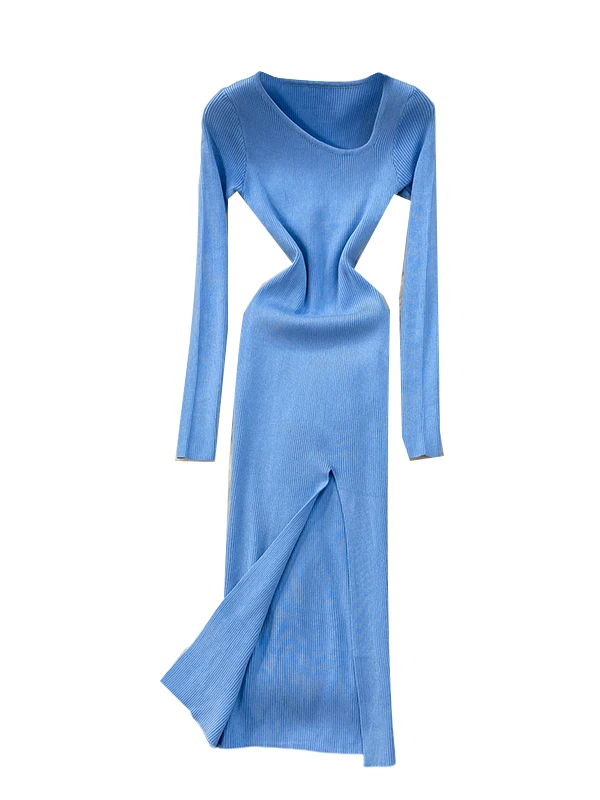 Ele Knitted Dr Damska Jesienno-Zimowa Spódnica z Wysokim Stanem, Rozcięciem na Boku, Długa, Koreańska, Elegancka, Asymetryczny Kołnierz