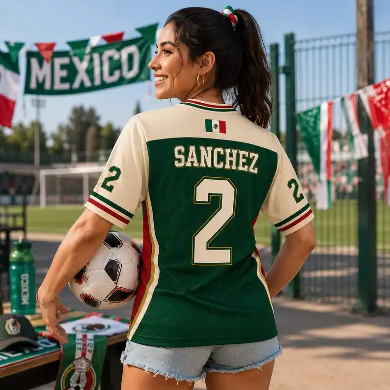 2026 New Mexico Flag Soccer Jersey Retro V Neck Short Sleeve Breathable Loose Streetwear Casual Football Shirt Family Kids Tees