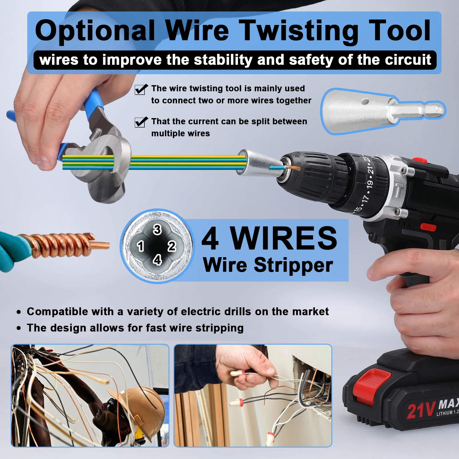 Aluminum Alloy Electric Wire Stripper Kit Cable Peeling Stripper Practical Rotary Stripping Tool for A Variety of Electric Drill