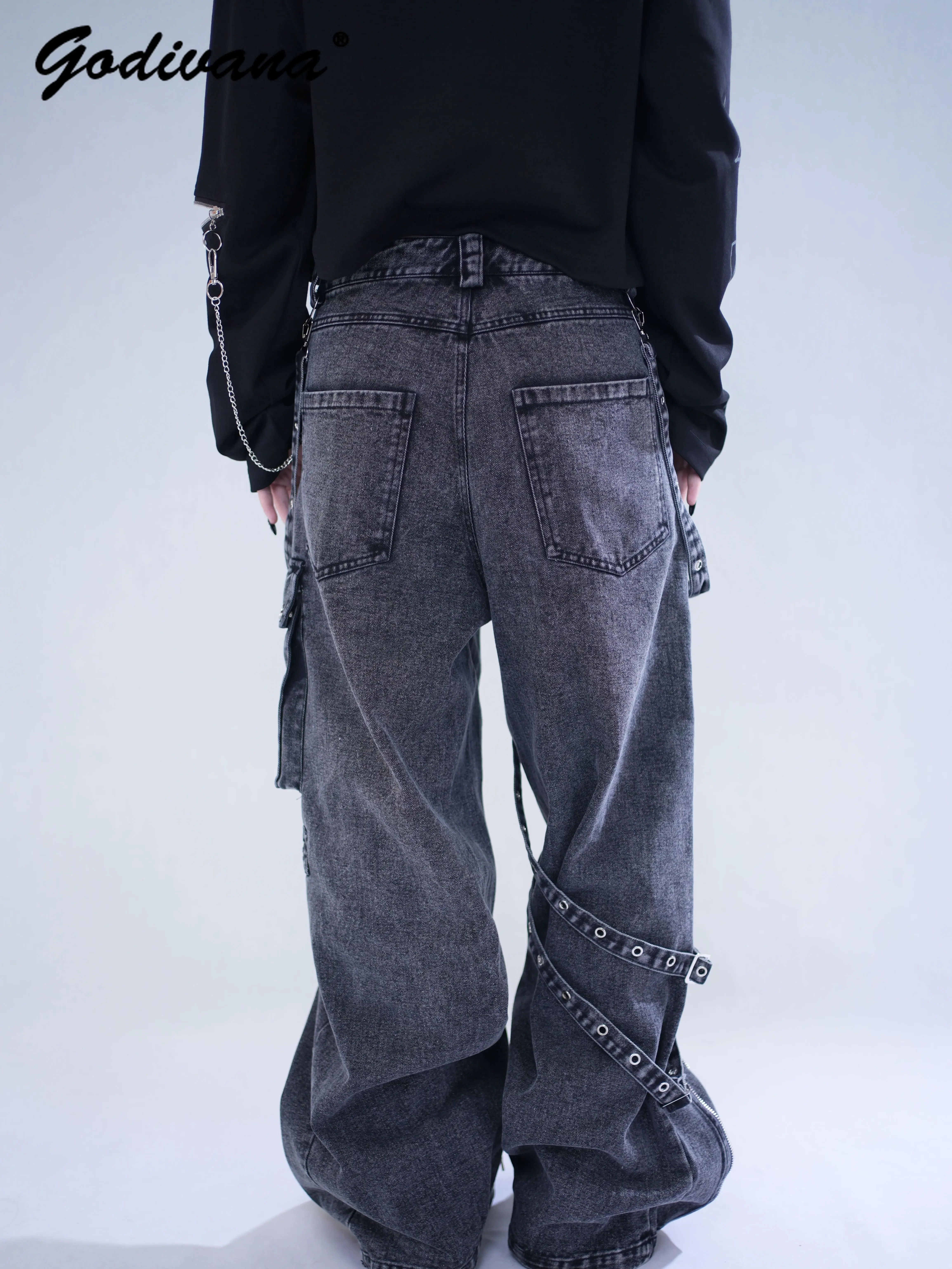 Original Japanese Style Streetwear Washed Denim Jeans with Embroidered Dark Gothic Sweet Cool Jeans Denim Trousers