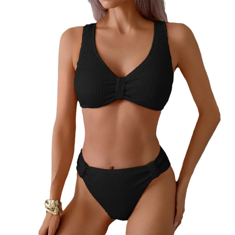 Bikini2025New Style Two-Piece Solid Color High-Waist Tummy ControlbikiniSwimsuit