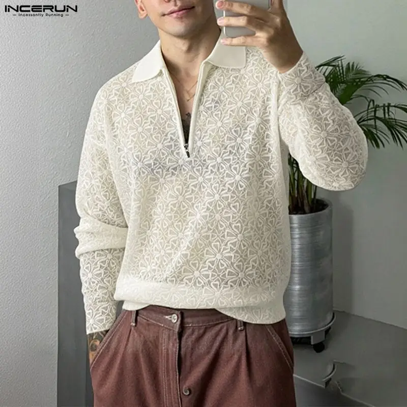 INCERUN Men Shirt Jacquard Lapel Long Sleeve See Through Zipper Men Clothing Sexy Loose Streetwear Fashion Casual Male Shirts