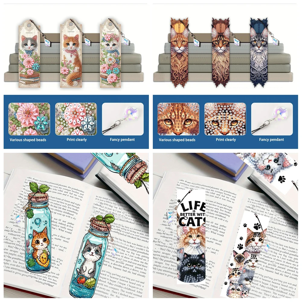 3 marcapáginas de arte con diamantes de gatos DIY para adultos, marcapáginas de diamantes de imitación de cristal acrílico para notas de libros, regalos para festivales y vacaciones