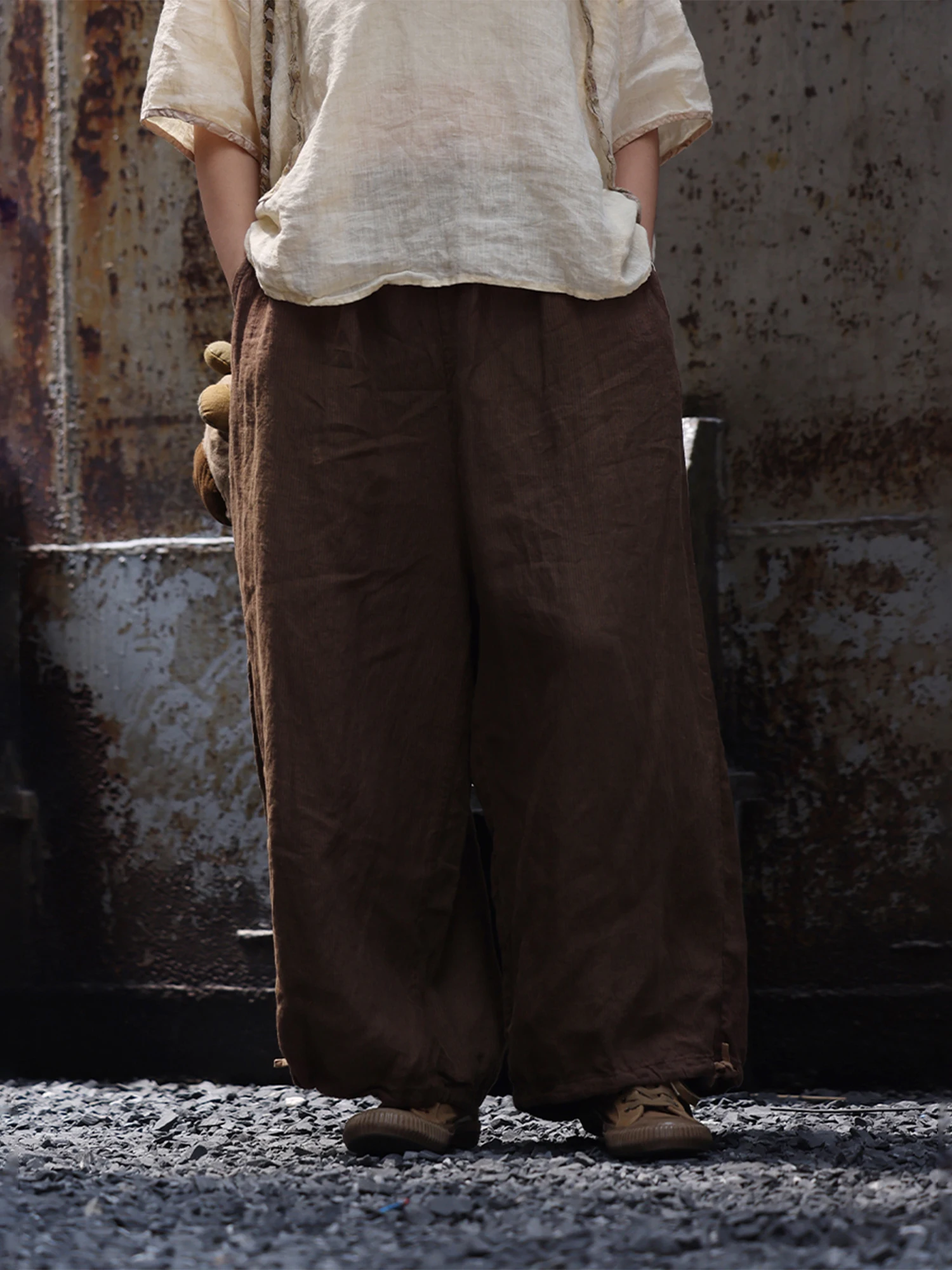 

PengPeng домашние льняные полосатые повседневные брюки с поясом и эластичной резинкой на талии, художественные прямые брюки, длинные свободные летние тонкие брюки