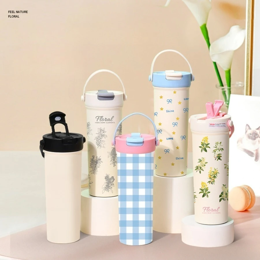 

New stainless steel portable insulated water cup with handle, large capacity, pop-up lid, and double drinking straws