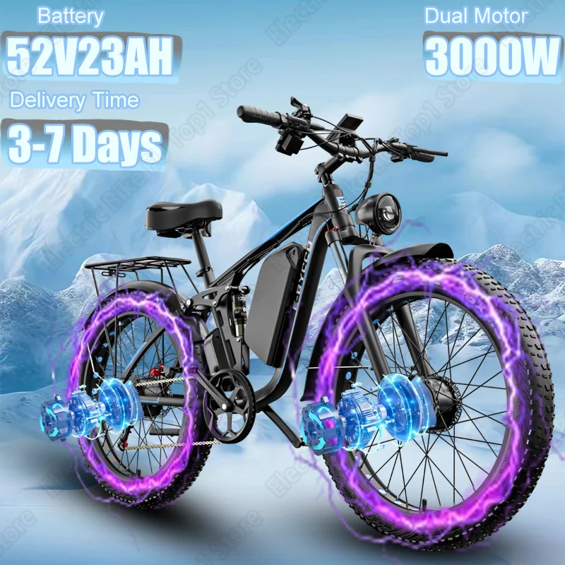 Electric Bicycle 3000W Dual Powerful Motor 52V23AH Lithium Battery Ebike All Terrain 26 Inch Fat Tire USB Charging Electric Bike