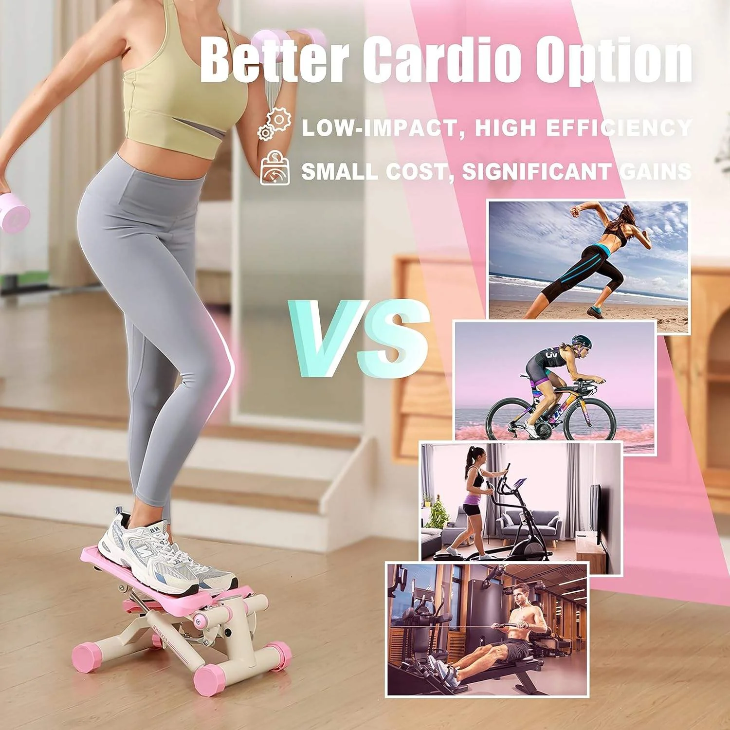 

Pink Home Gym System Twist Stepper with Power Resistance Bands for Home Workouts