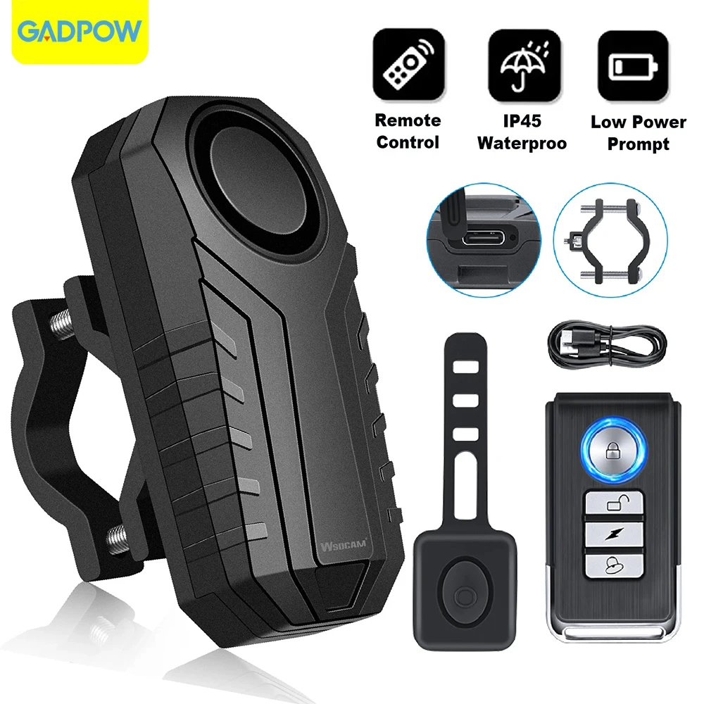 

Сигнализация для мотоцикла Gadow 113dB, Противоугонная сигнализация для мотоцикла, водонепроницаемая сигнализация для велосипеда с беспроводным пультом дистанционного управления, Черная