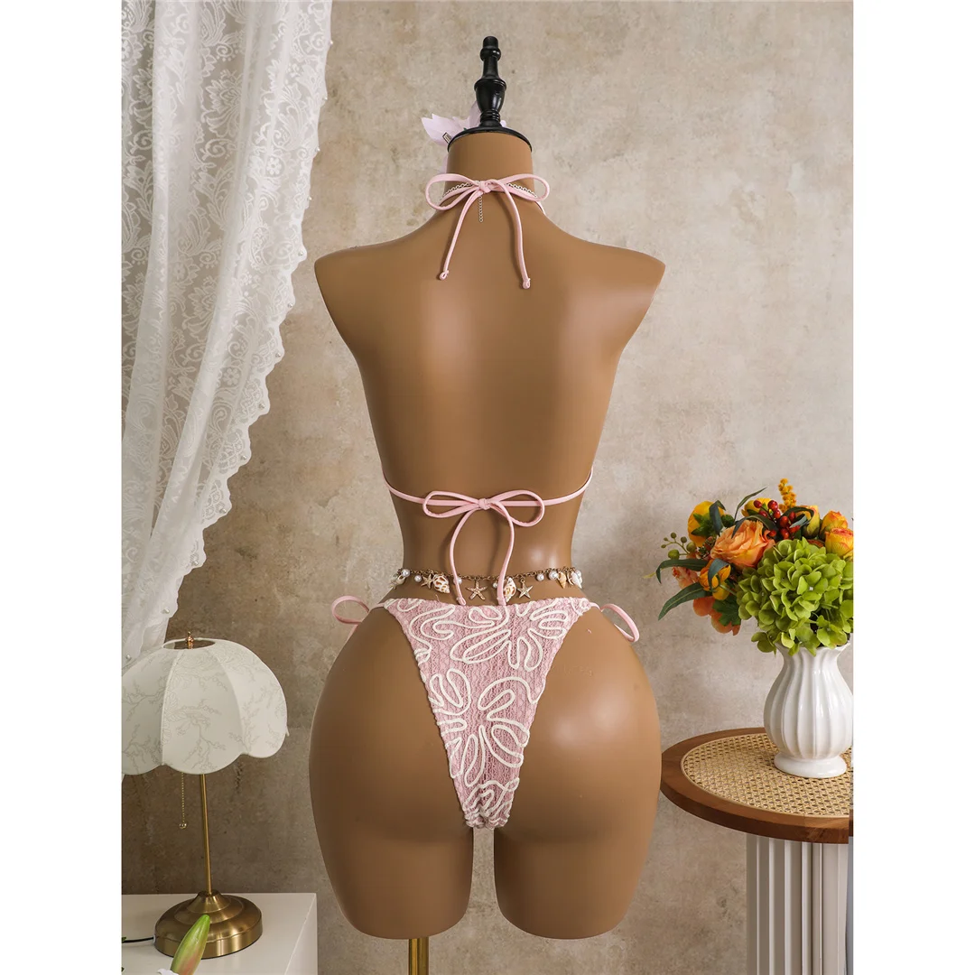 Mit Sarong-Halterneck-Bikini, bedruckter Bikini, Damen-Badebekleidung, dreiteiliges Bikini-Set, gepolsterter Badeanzug, Badebekleidung, Badeanzug, Modell V8073. – Detail 25