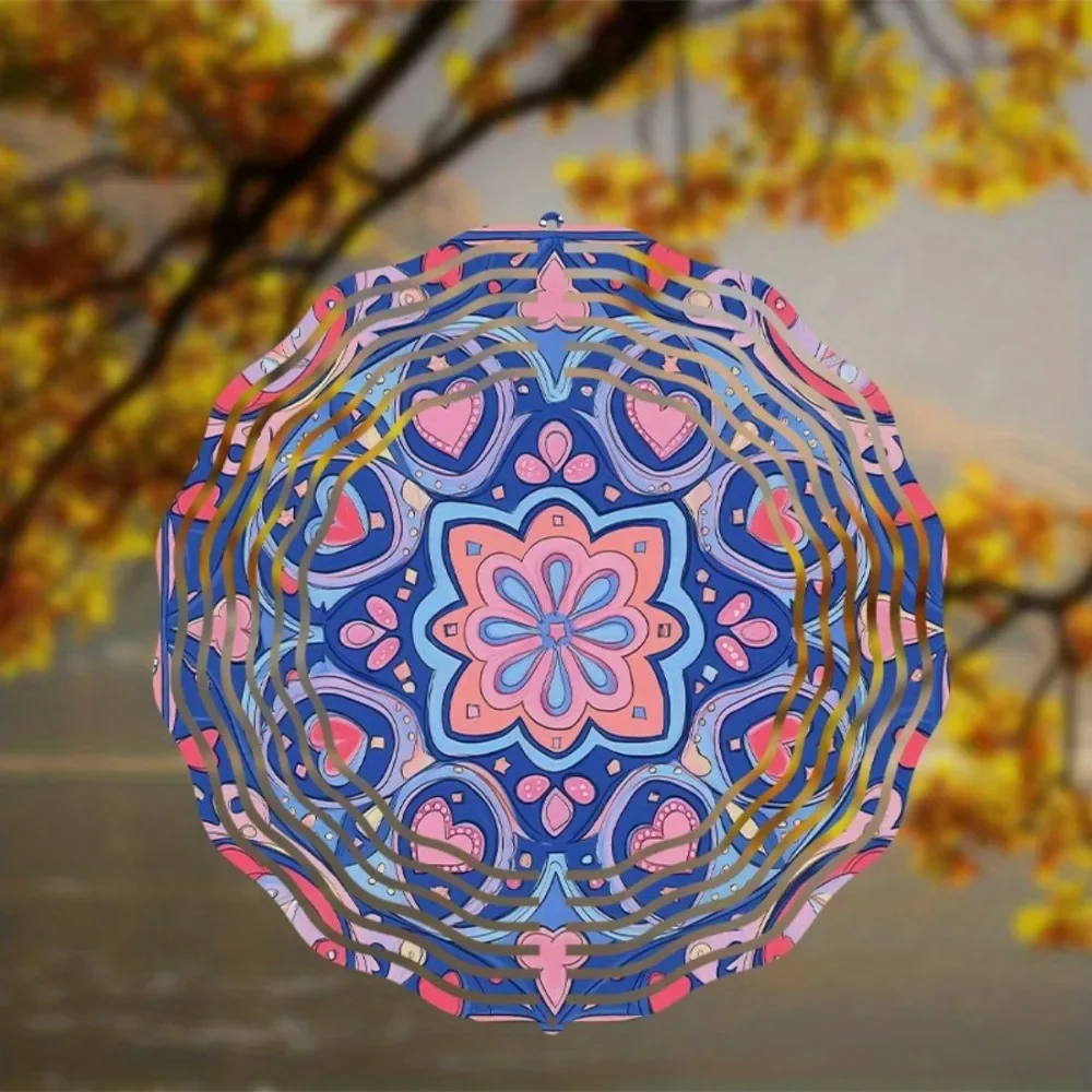 CIFBUY Windspiel Metall Herz Mandala Gartendekoration 360 °   Haken-Vibrations-Ornament für den Außenbereich, Garten, Terrasse, hängende Kunst, blau-rosa