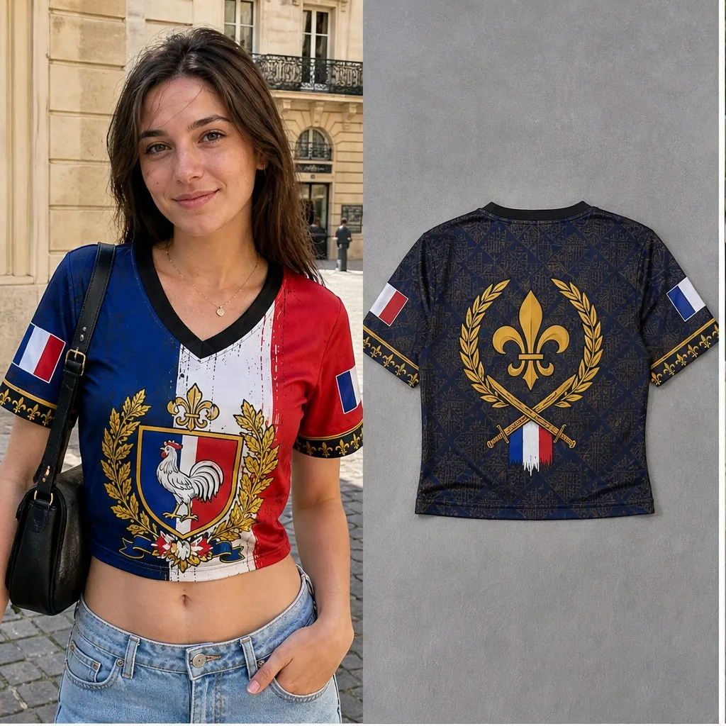 Womens V Neck Crop T Shirt France Rooster Fleur De Lis Crest Graphic Short Sleeve Paris Street Casual Slim Top Outfit Tee Modern