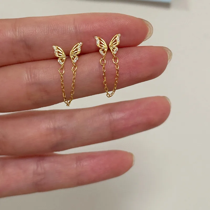 Fashion Silver Color Hollow Butterfly Stud Earrings for Women Girl Simple Double Ear Hole Tassel Chain Earrings Jewelry Gift