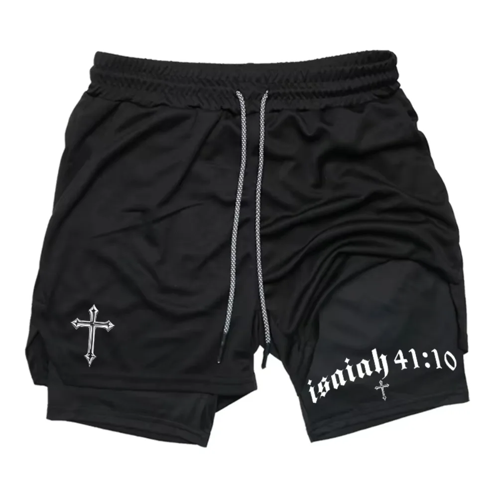 

2026Latest Cross Bible Graphic2-in-1Athletic Shorts Men Fitness Christian Gym Workout Running with Cell Phone Pocket TowelShorts