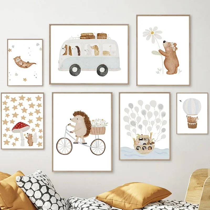 Cute Boho Animal Bear Hedgehog Bus Balloon Star Nursery Wall Art Canvas Painting Poster And Prints Pictures Baby Kids Room De