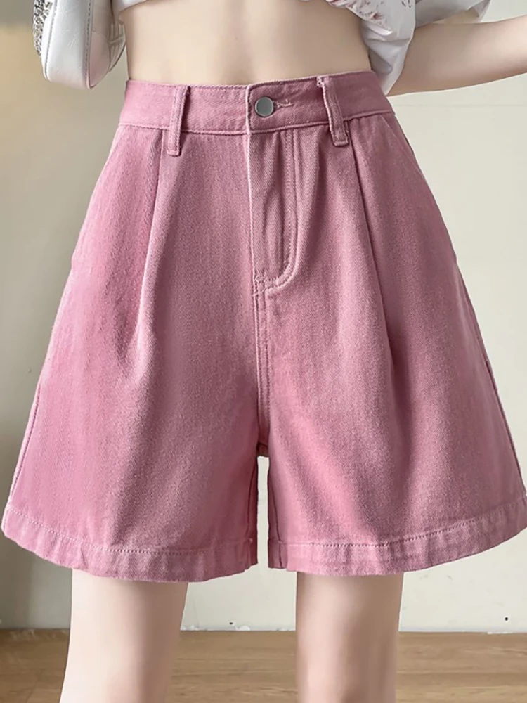 

Pink Denim Shorts Women Summer Trendy High Waist Zippers A-line Wide Leg Short Jeans Simple Casual Female Shorts Clothes