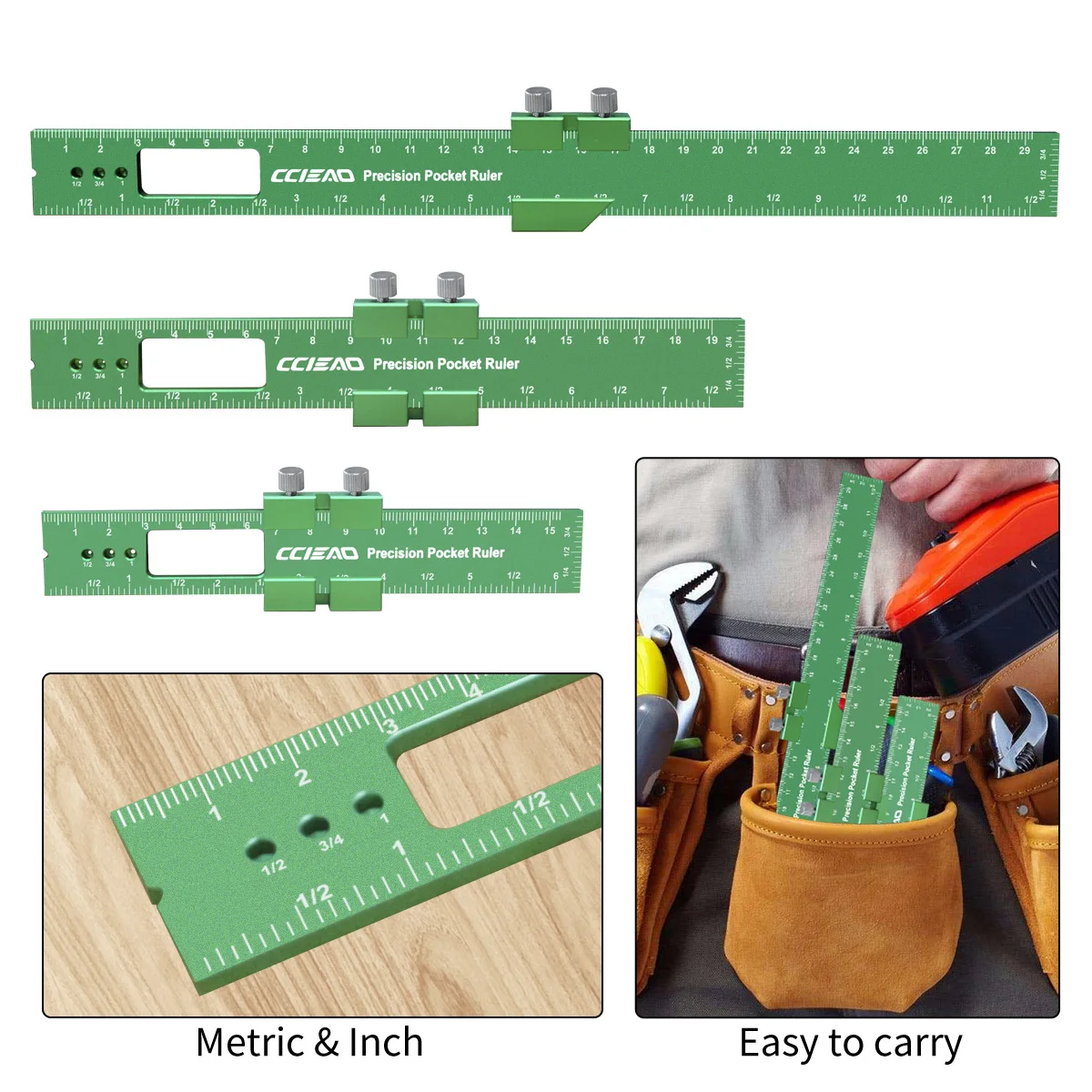 1/3Pcs Adjustable Pocket Marking Layout Ruler, Woodworking Scribing Square with Metal Slide Stop for Precision Measuring