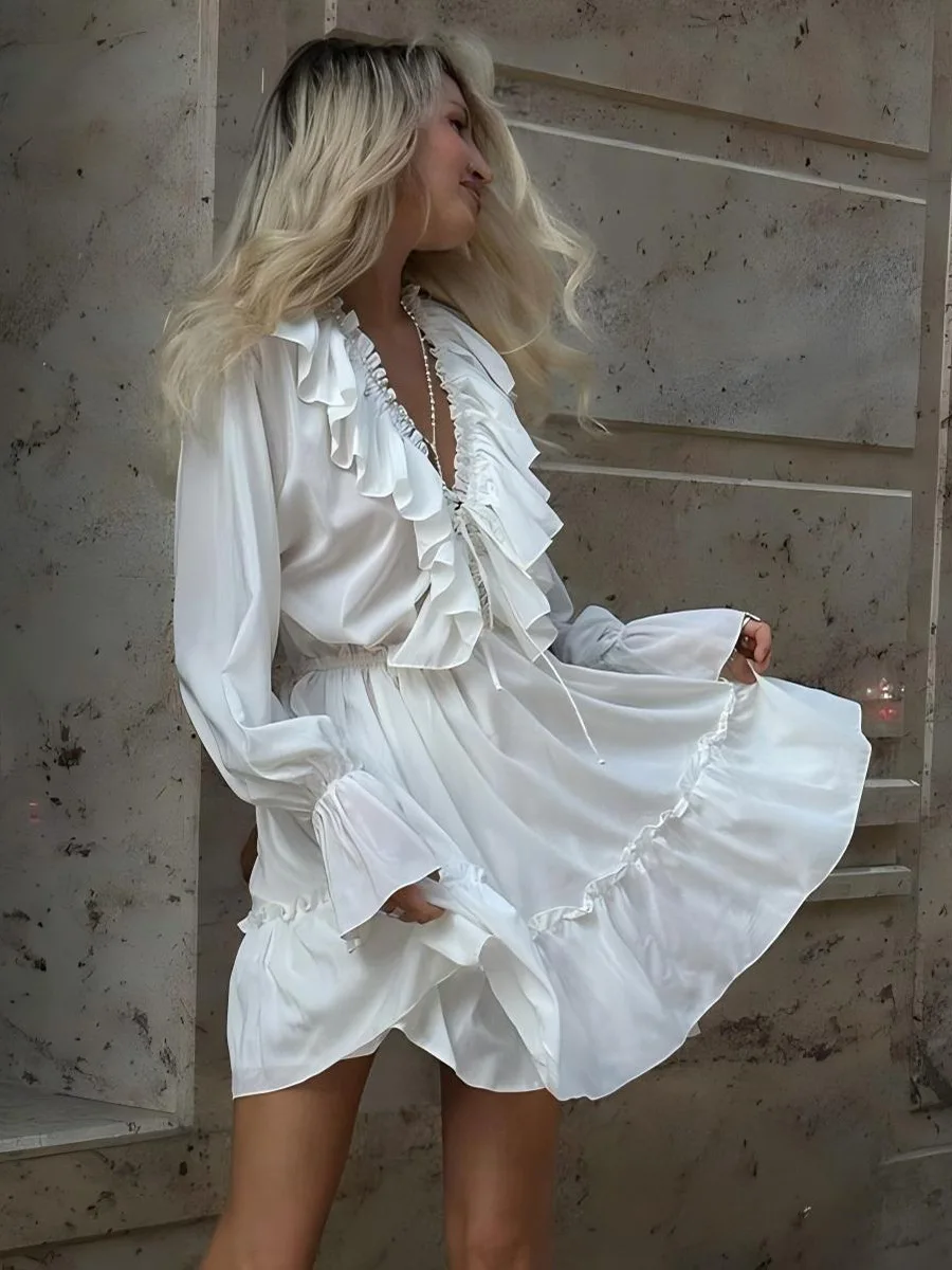 

DriftWear 2025 New Flared Sleeve Dress Vneck Dress For Women Short Chiffon Dresses Elastic Solid Pleated Long Sleeves Midi Skirt