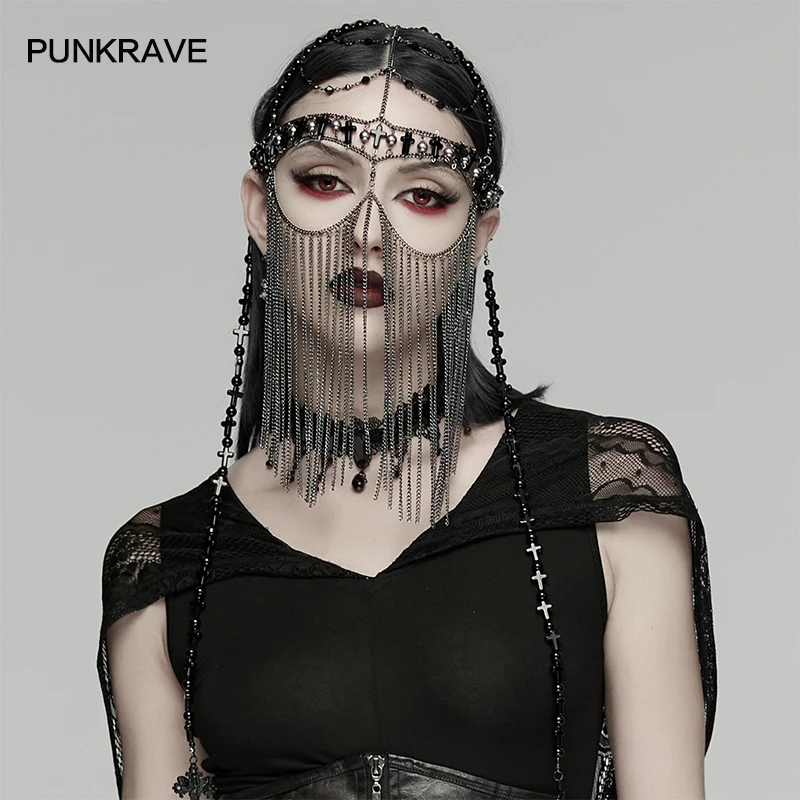PUNK RAVE Women's Gothic Cross Priest Tassel Headwear Paired Imitation Porcelain Beads Chains Noble Cosplay Accessories