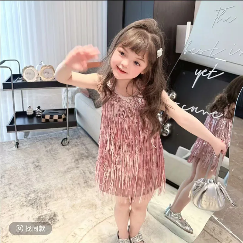 Baby Girls Summer Sweet Pink Shiny Tassels Princess Self-cultivation A-Line Dress Birthday Holiday Party Children Sundress