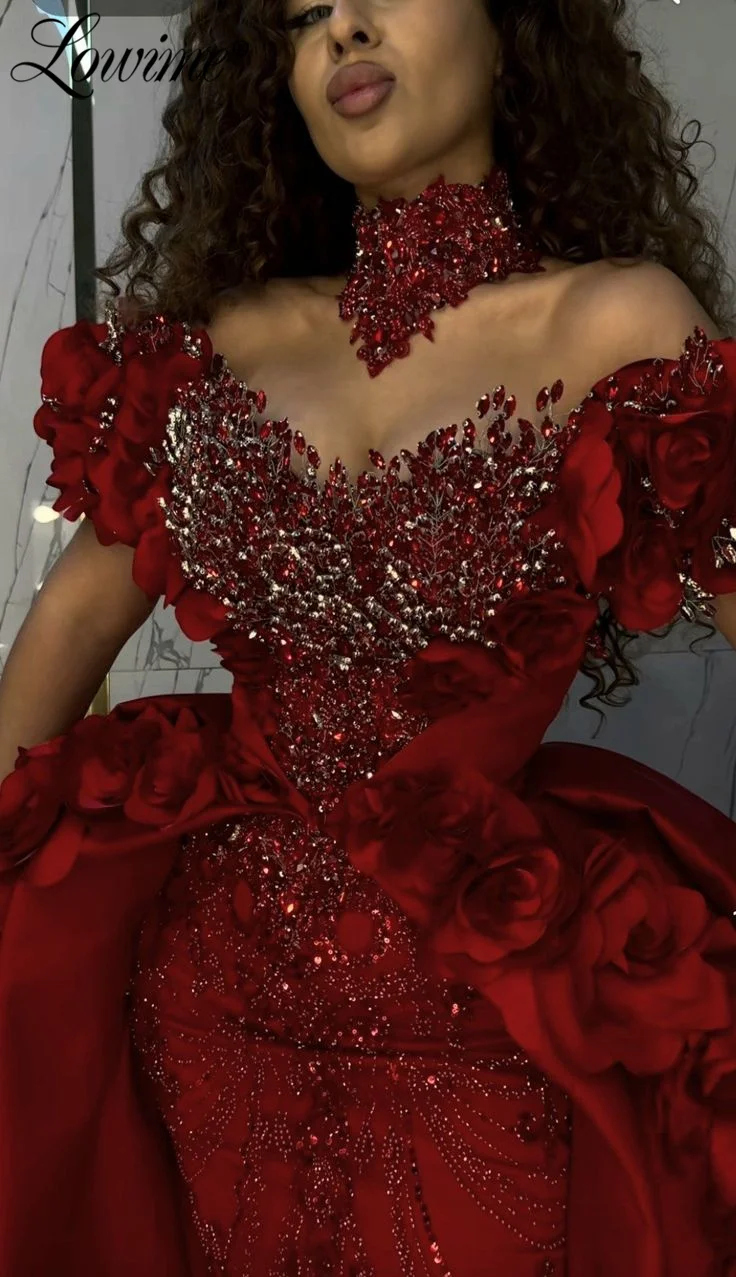 

Burgundy Red Floral Crystals Engagement Party Dress With Detachable Skirt Customized Off Shoulder Celebrity Prom Dress Overskirt