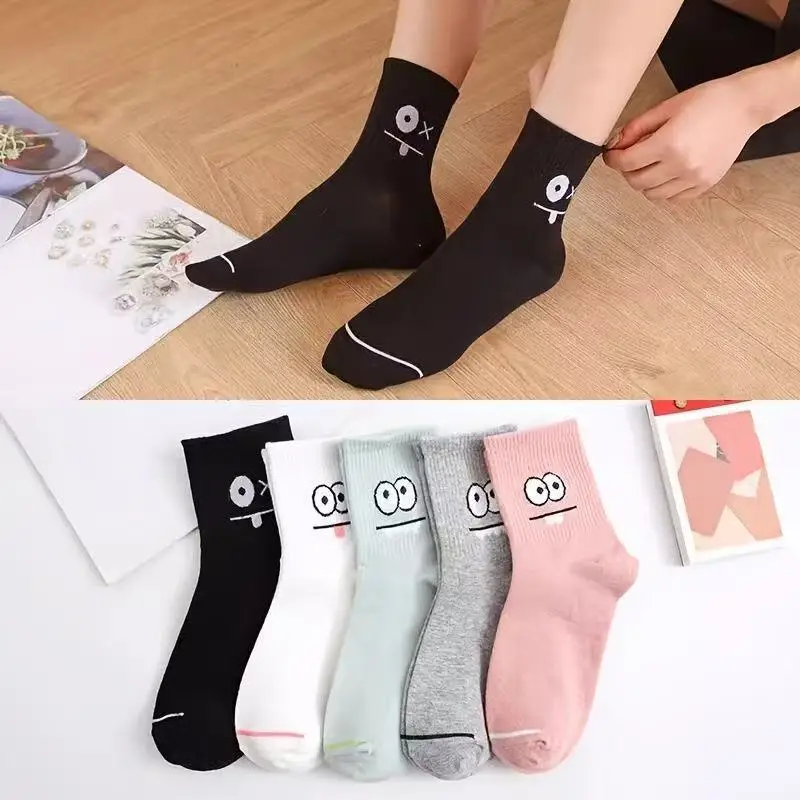 5 Pairs Casual Unisex Cartoon Printed Crew Socks, Unique Simple Graphic Mid‑Calf Socks, Streetwear Daily Matching Socks