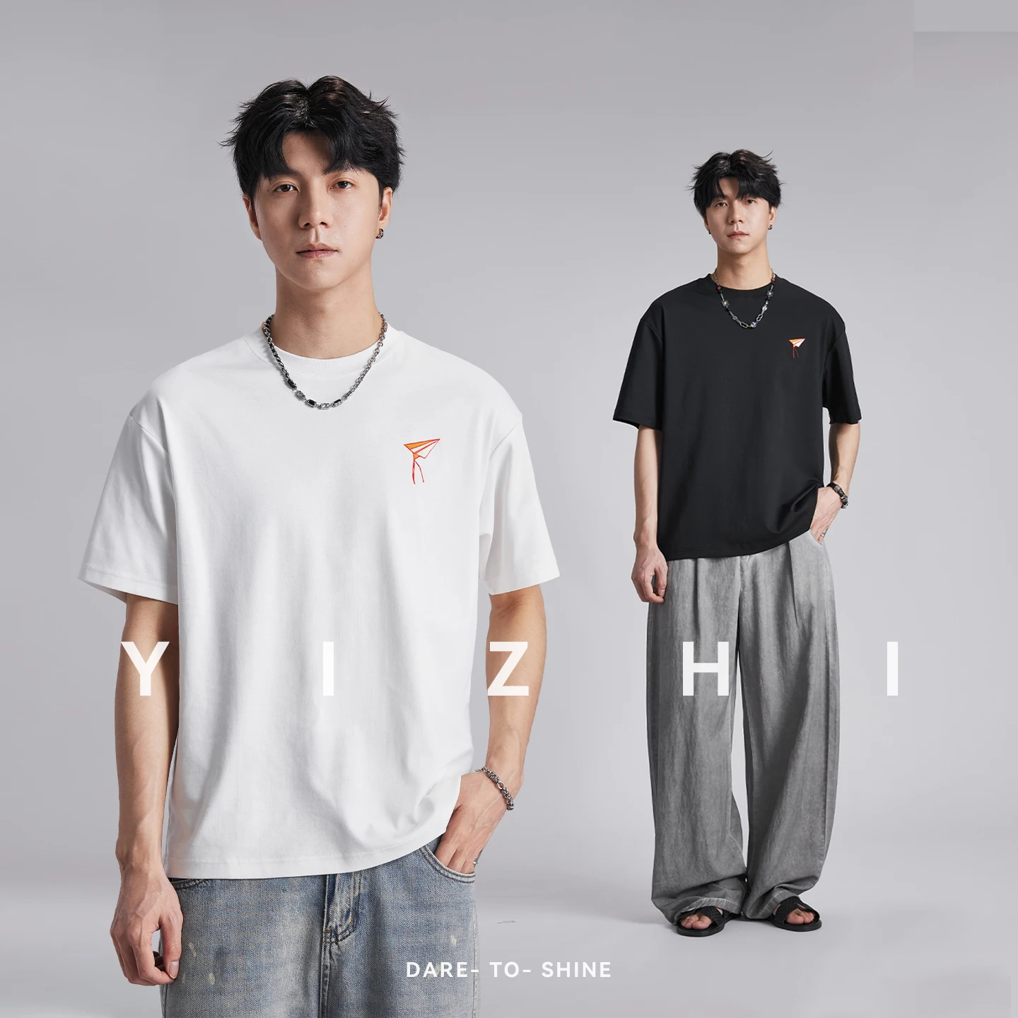

Men 210g Heavyweight Kite Embroidery T Shirt 2026 Summer Loose Drop Shoulder Skin Friendly Breathable Casual Short Sleeve Tops