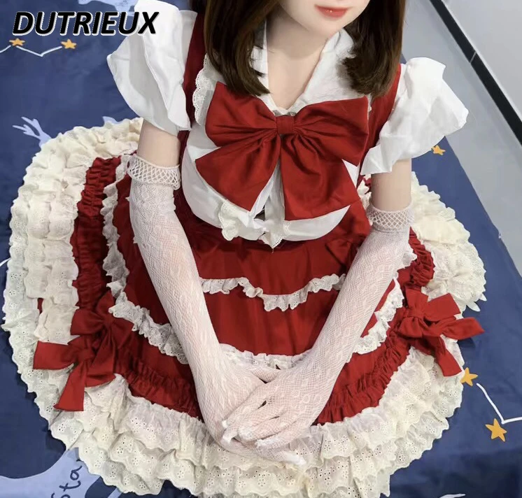 

Red Birthday Party Princess Dress Women Cute Sweet Bowknot Lolita Cake Puffy Sling Dress Short Sleeve Shirt Dresses 2 Piece Set