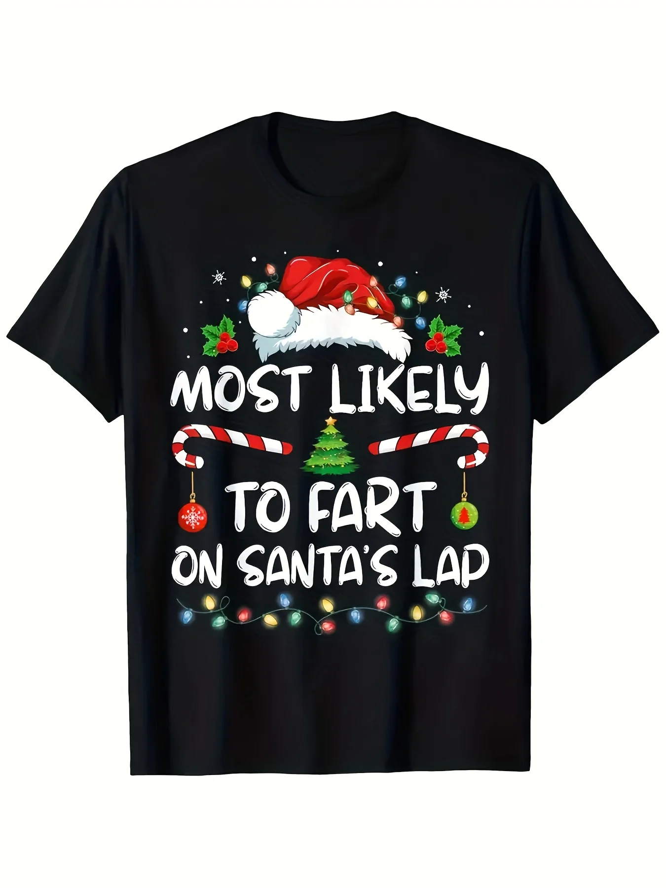 

1pc Men'S Funny Christmas T-Shirt - Santa Hat with Lights & "Most Likely to Fart on Santa'S Lap" Sleigh Design Red Holid