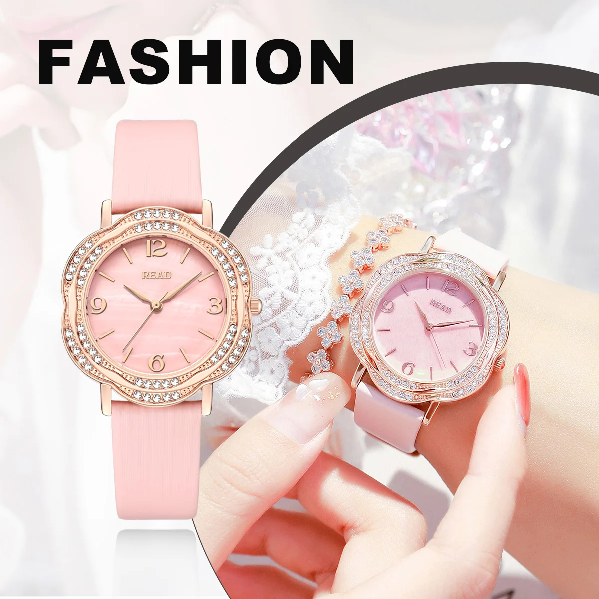 READ Ladies Analog Dress Watch | Floral Outline Case | Sparkle Bezel | Pink Textured Band | Daily Water Resistant Wrist Watch