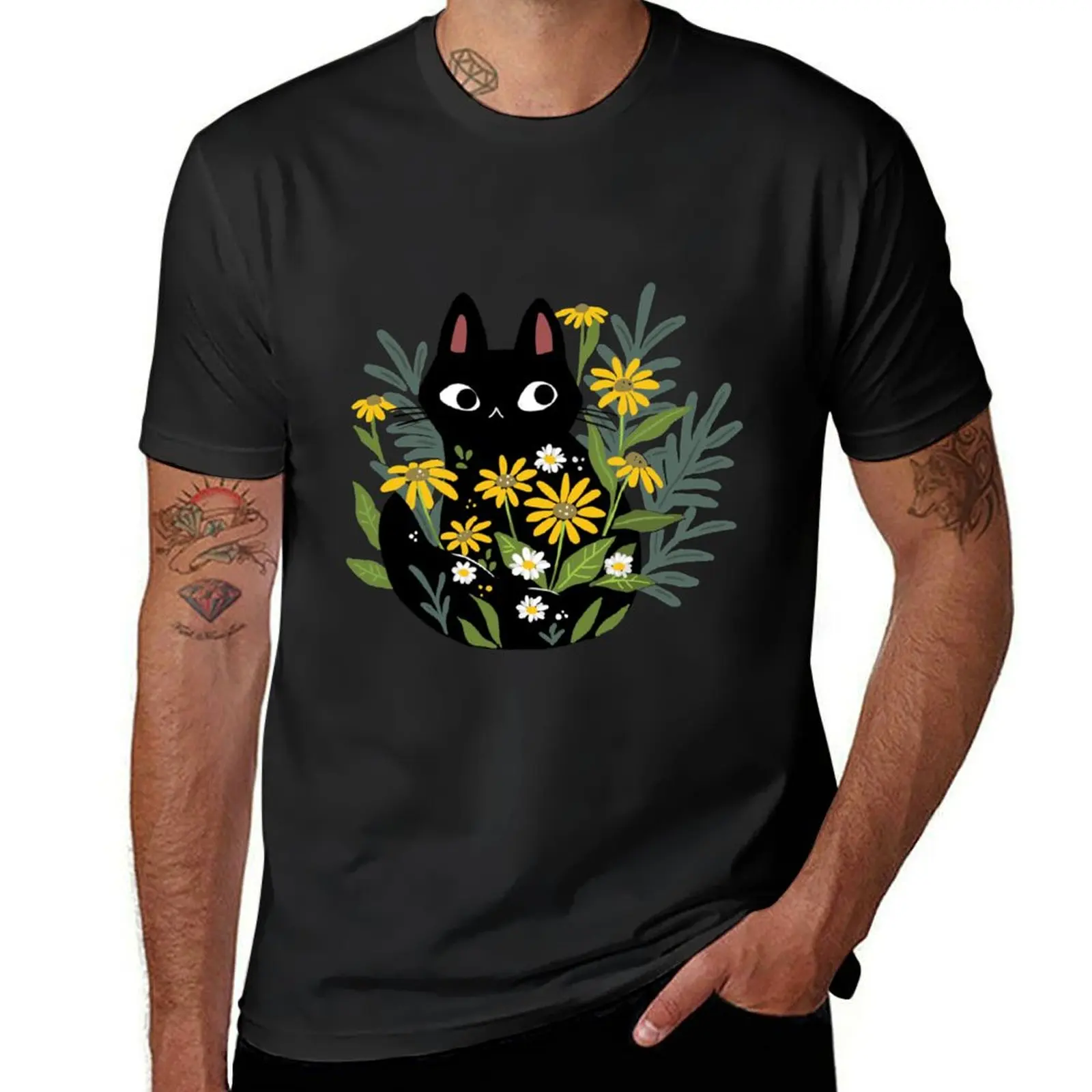 Black cat with flowers T-Shirt oversized quick drying sweat heavy weight t shirts for men