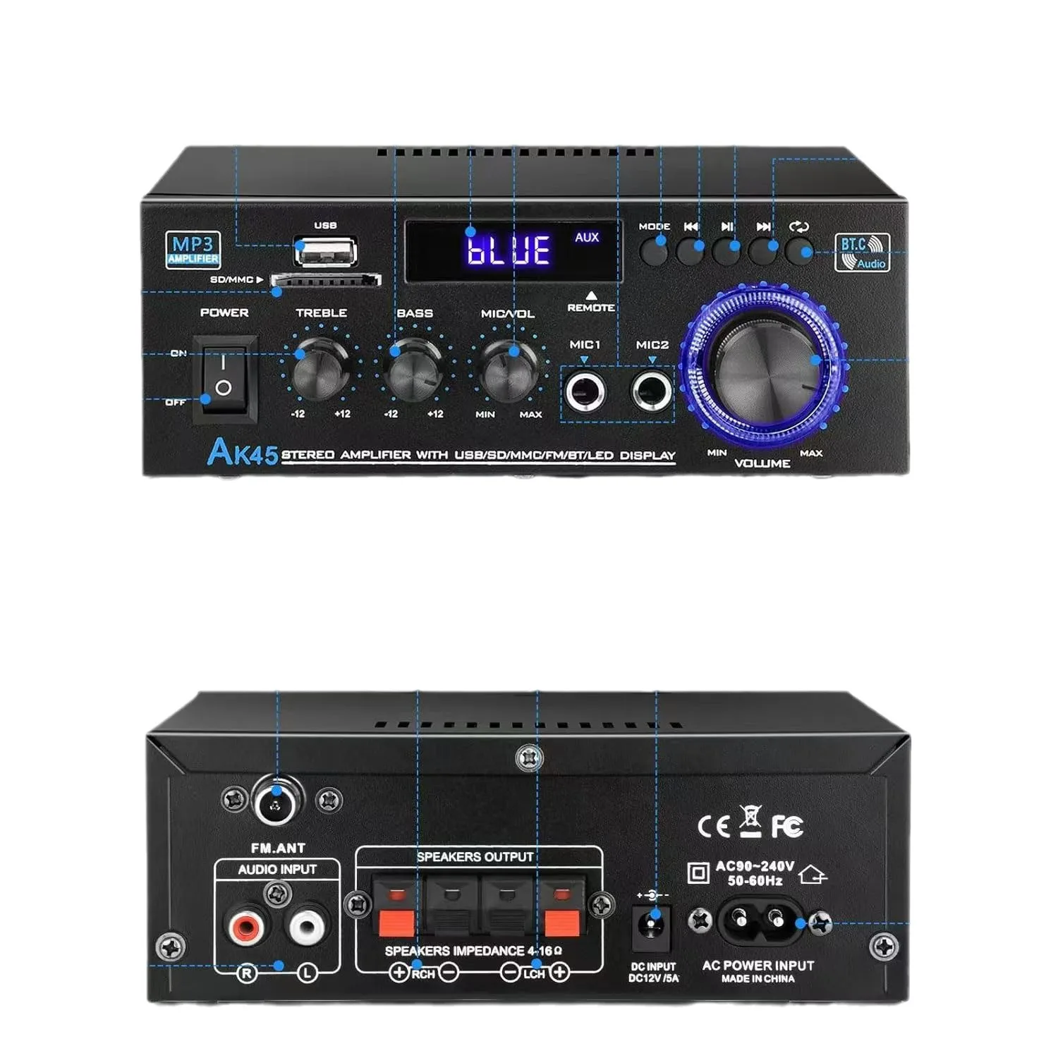 AK45 HiFi الرقمية بلوتوث مضخم الصوت MP3 قناة 2.0 قوة الصوت أمبير ستيريو المنزل السيارات سيارة لمكبرات الصوت ماكس 350 واط * 2