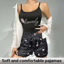 Summer Two-Piece Women's Camisole Printed Heart and Letter Matching Shorts Printed Love Bow Women's Pajama Set